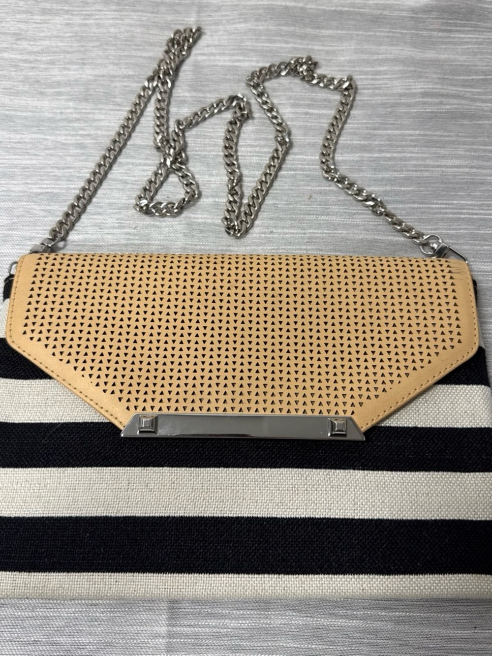 Stella & Dot Black and Cream Striped Crossbody with Tan Perforated Flap